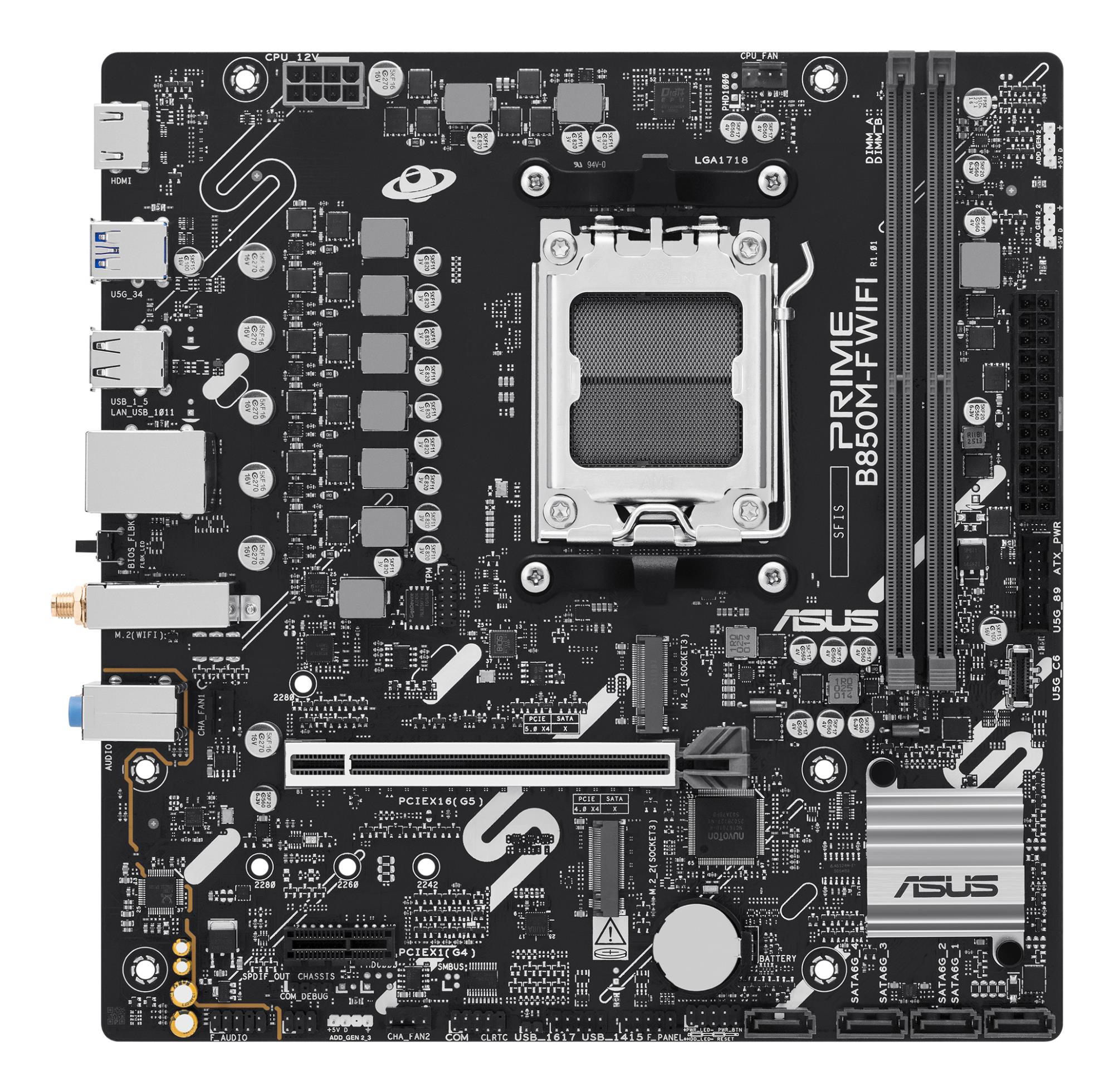 Mainboard ASUS AMD B850 Socket AM5 micro ATX RAM DDR5-SDRAM 2xSlots Wi-Fi Yes Bluetooth Yes 2xNumber of M.2 (M) slots PRIMEB850M-FWIFI