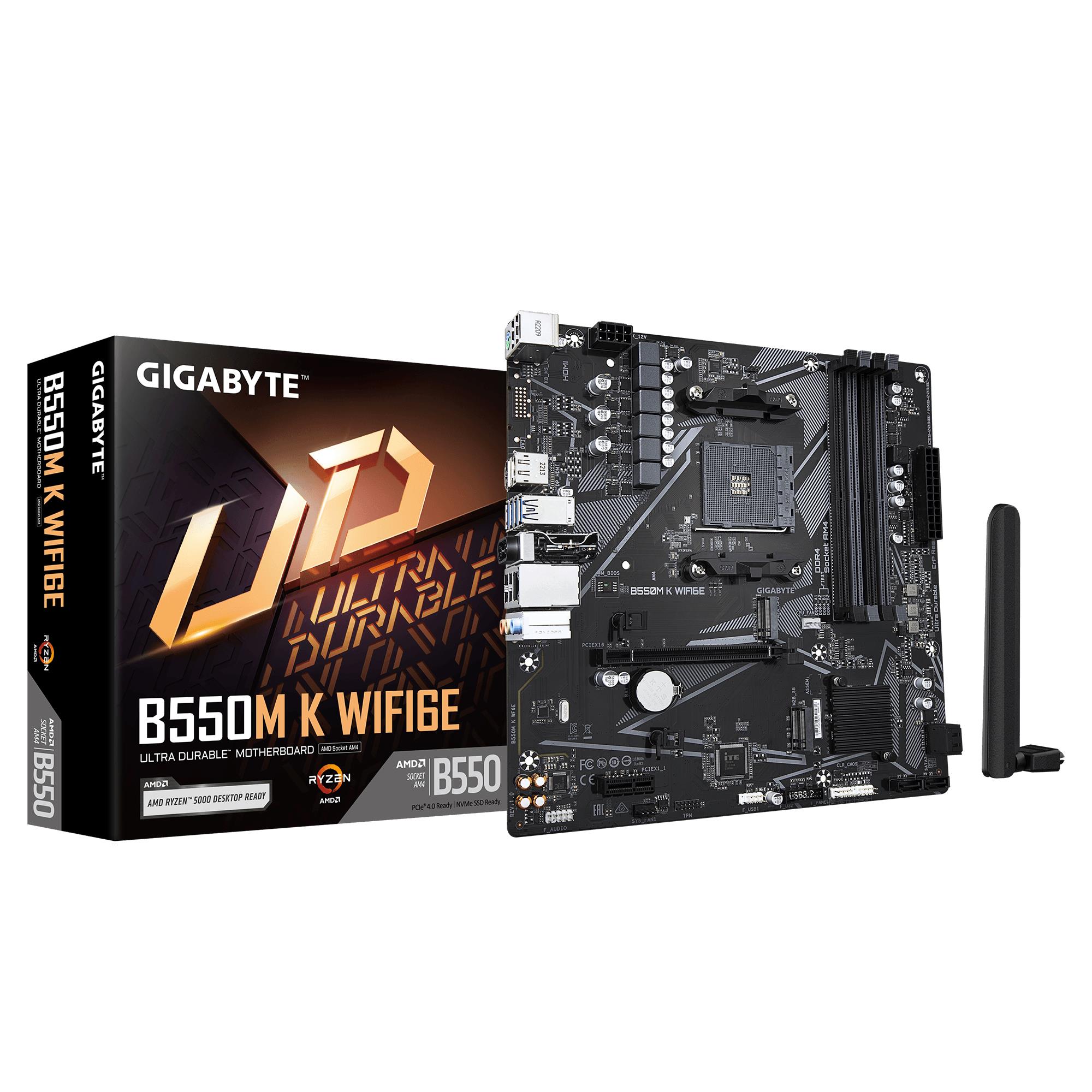Mainboard GIGABYTE AMD B550 Socket AM4 micro ATX RAM DDR4-SDRAM 4xSlots Wi-Fi Yes Bluetooth Yes 2xNumber of M.2 (M) slots GIGABYTE B550M K WIFI6E B550MKWF6E