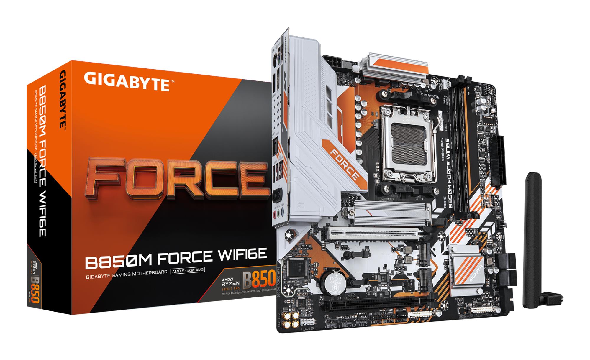 Mainboard GIGABYTE AMD B850 Socket AM5 micro ATX RAM DDR5-SDRAM 2xSlots Wi-Fi Yes Bluetooth Yes 3xNumber of M.2 (M) slots B850M FORCE WIFI6E (Rev. 1.2) B850MFORCEWF6E1.2