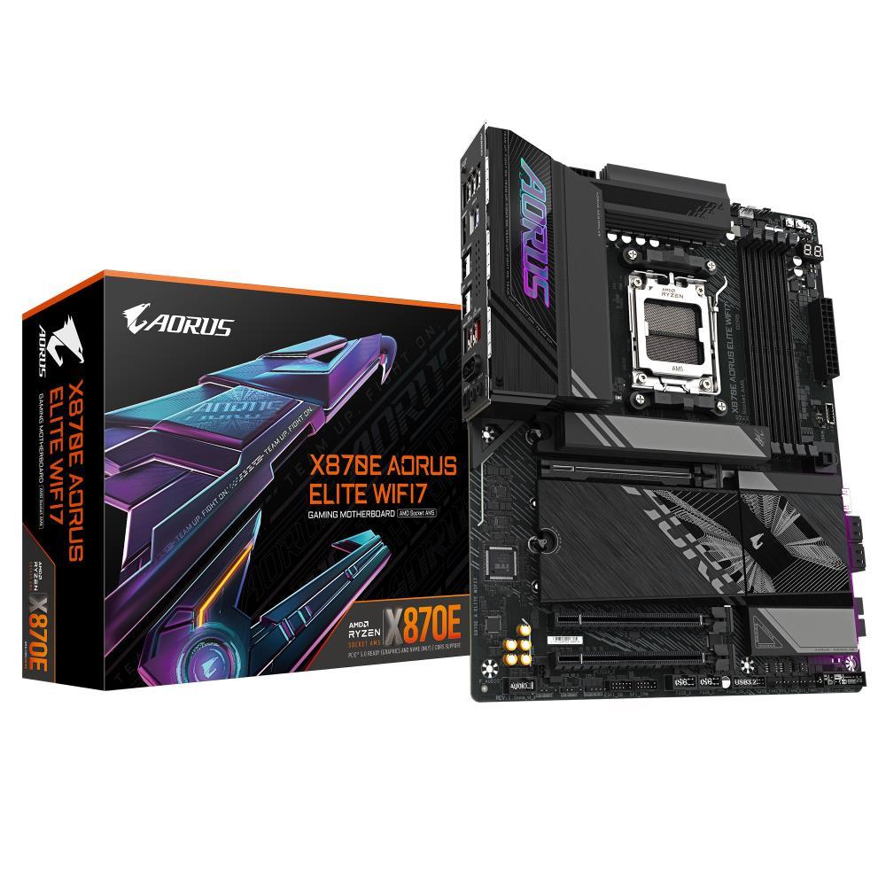Mainboard GIGABYTE AMD X870E SAM5 ATX Memory DDR5 Memory slots 4 1xPCI-Express 3.0 4x 1xPCI-Express 4.0 4x	 1xPCI-Express 5.0 16x 4xM.2 1xHDMI 4xUSB 2.0 6xUSB 3.2 2xUSB-C 1xOptical S/PDIF 1xRJ45 2xAudio port X870EAELITEWIFI71.2