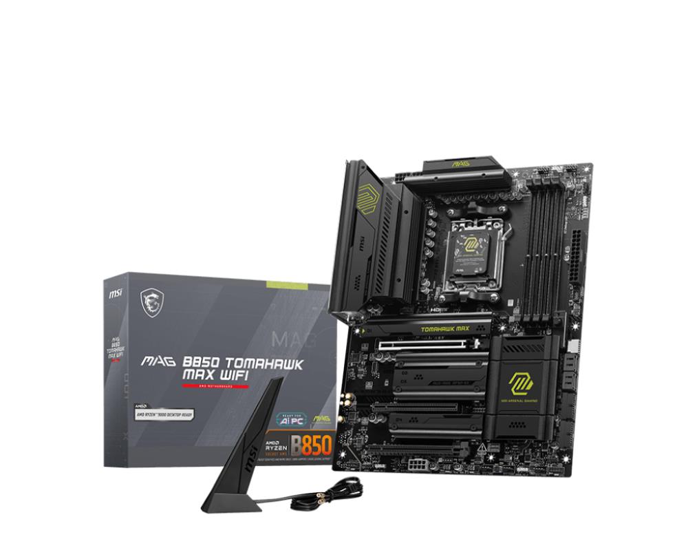 Mainboard MSI AMD B850 SAM5 ATX Memory DDR5 Memory slots 4 3xPCI-Express 16x 4xM.2 1xHDMI 1xAudio-In 1xAudio-Out 4xUSB 2.0 1xUSB 3.0 2xUSB 3.2 3xUSB-C 1xRJ45 B850TOMAHAWKMAXWIFI