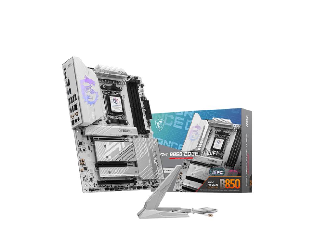 Mainboard MSI AMD B850 SAM5 ATX Memory DDR5 Memory slots 4 3xPCI-Express 16x 4xM.2 1xHDMI 1xAudio-In 1xAudio-Out 4xUSB 2.0 1xUSB 3.0 2xUSB 3.2 3xUSB-C 1xOptical S/PDIF 1xRJ45 MPGB850EDGETIWIFI