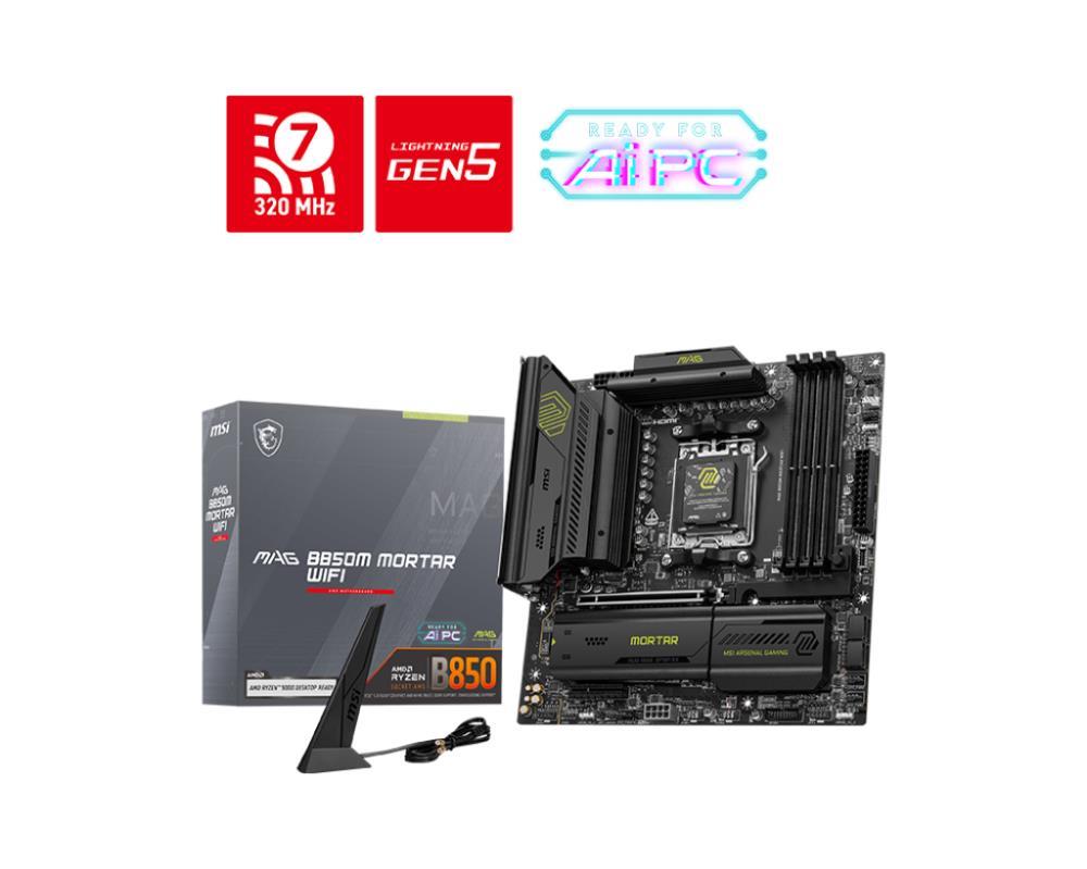 Mainboard MSI AMD B850 SAM5 Micro-ATX Memory DDR5 Memory slots 4 1xPCI-Express 4.0 4x	 1xPCI-Express 4.0 8x 1xPCI-Express 4.0 16x 1xPCI-Express 5.0 16x 3xM.2 1xHDMI 3xUSB 2.0 4xUSB 3.2 2xUSB-C 1xOptical S/PDIF 1xRJ45 2xAudio port MAGB850MMORTARWIFI