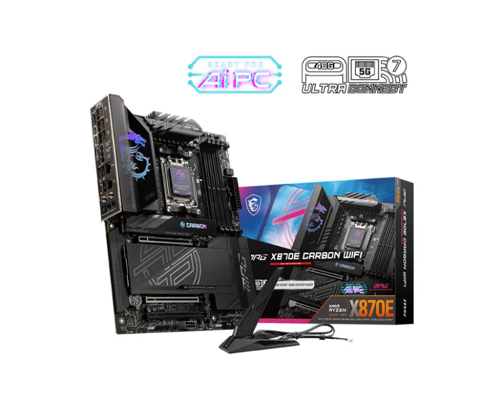Mainboard MSI AMD X870E SAM5 ATX Memory DDR5 Memory slots 4 3xPCI-Express 16x 1xPCI-Express 4.0 4x	 1xPCI-Express 5.0 4x 1xPCI-Express 5.0 16x 4xM.2 4xUSB 2.0 4xUSB 3.2 3xUSB-C 1xOptical S/PDIF 2xRJ45 2xAudio port MPGX870ECARBONWIFI