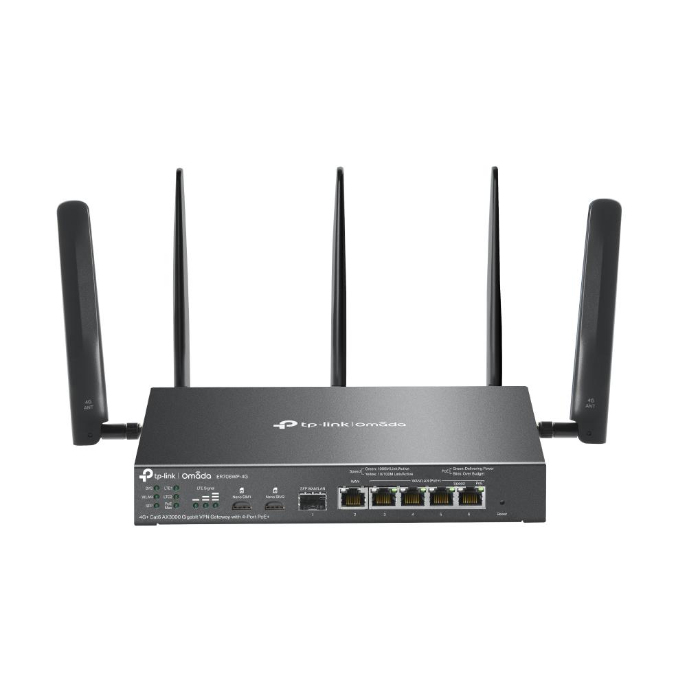 Wireless Router TP-LINK ER706WP-4G Data speed 300 Mbit/s Ethernet WAN Yes DSL WAN Yes SIM card slot Yes WAN connection type RJ-45 Ethernet LAN Yes Dual SIM support Yes 5xLAN ports USB port Yes ER706WP-4G
