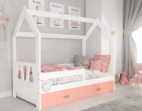 Bērnu gulta Domek D3-A ar stelāžu Guļamvietas platums: 80 cm, Guļamvietas garums: 160 cm, Platums: 87 cm, Garums: 164 cm, Augstums: 144 cm, Ar resti: 1, Ar barjeru: 1, Ar veļas kasti: 1, Virsma: Matēta, Guļamvietu skaits: 1, Korpusa krāsa: balts, Elementu krāsa: rozā, Izgatavošanas materiāls: dabīgs koks (priede)
