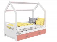 Bērnu gulta Domek D3-B ar stelāžu Guļamvietas platums: 80 cm, Guļamvietas garums: 160 cm, Platums: 87 cm, Garums: 164 cm, Augstums: 144 cm, Ar resti: 1, Ar veļas kasti: 1, Virsma: Matēta, Guļamvietu skaits: 1, Korpusa krāsa: balts, Elementu krāsa: rozā, Izgatavošanas materiāls: dabīgs koks (priede)