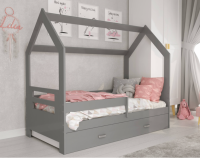 Bērnu gulta Domek D3-B ar stelāžu Guļamvietas platums: 80 cm, Guļamvietas garums: 160 cm, Platums: 87 cm, Garums: 164 cm, Augstums: 144 cm, Ar resti: 1, Ar veļas kasti: 1, Virsma: Matēta, Guļamvietu skaits: 1, Korpusa krāsa: Grafīts, Elementu krāsa: grafīts, Izgatavošanas materiāls: dabīgs koks (priede)