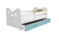 Bērnu gulta Miki B2 ar stelāžu Guļamvietas platums: 85 cm, Guļamvietas garums: 160 cm, Platums: 80 cm, Garums: 164 cm, Augstums: 65 cm, Ar veļas kasti: 1, Guļamvietu skaits: 1, Korpusa krāsa: balts, Elementu krāsa: gaiši zils, Izgatavošanas materiāls: dabīgs koks + MDF