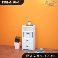 Kumode Dream RN01 Platums: 45 cm, Dziļums: 34 cm, Augstums: 96 cm, Izgatavošanas materiāls: MDF plātne, Ar atvilktnēm: 1, Ar spoguli: nē, Korpusa krāsa: balts, Elementu krāsa: zils, Atvilktņu skaits: 2