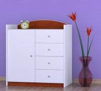 Kumode Happy K08 Platums: 88 cm, Dziļums: 44 cm, Izgatavošanas materiāls: MDF plātne, Ar atvilktnēm: 1, Ar durtiņām: 1, Ar spoguli: nē, Korpusa krāsa: balts, Durtiņu skaits: 1, Elementu krāsa: kalvadoss, Atvilktņu skaits: 4