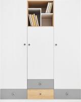 Skapis Pixel PX1 Platums: 150 cm, Dziļums: 50 cm, Augstums: 190 cm, Korpusa krāsa: ozols, Izgatavošanas materiāls: laminēta MDF plātne + nažfinieris, Virsma: Matēta, Elementu krāsa: balts + pelēks, Plauktu skaits: 11, Atvilktņu skaits: 4, Durvju skaits: 3, Ar atvilktnēm: 1, Ar spoguli: nē, ar plauktiem: 1