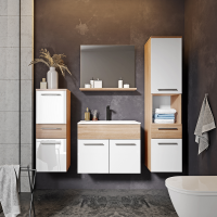Vannas istabas komplekts Rita Premium Virsma: matēta + spīdīga, Korpusa krāsa: sonoma, Elementu krāsa: balts, Augstums: 131 cm, Dziļums: 35 cm, Izgatavošanas materiāls: LKSP plātne, Ar spoguli: jā, Elementu skaits: 4